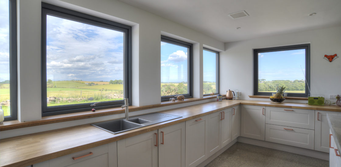 Self build home millbank of udny station internal kitchen utility room multiple grey windows